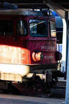 Train in motion or at train platform at Bucharest North Railway Station (Gara de Nord Bucharest) in Bucharest, Romania, 2022