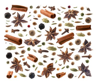 Large collection of seasonings and spices on a white background.