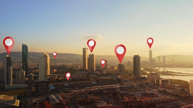 Aerial smart city. Localization icons in a connected futuristic city. Technology concept, data communication, artificial intelligence, internet of things. izmir skyline. High quality photo