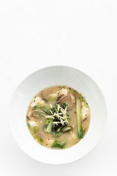 traditional japanese miso soup with tofu and mixed vegetables on white background