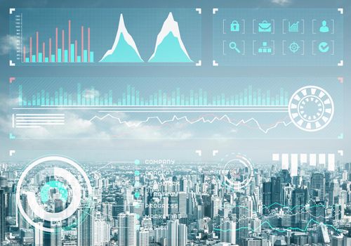 Forex trading business concept with abstract financial graphics on background of modern city skyline. Stock exchange market graph analysis. Digital analytics and statistics. Stats and economy.