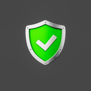 Green Metallic Shield Shape with Tick Symbol Isolated on Flat Dark Gray Background 3D Illustration