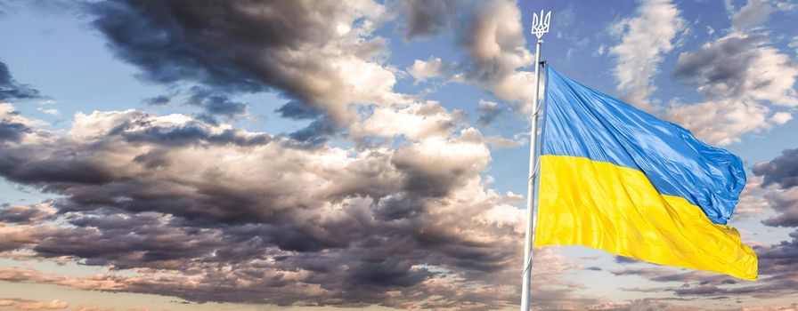 Ukraine flag isolated on the sky with clipping path. close up waving flag of Ukraine. flag symbols of Ukraine.