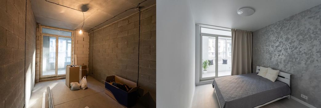 Room with unfinished walls and a room after repair. Before and after renovation in new housing. High quality photo