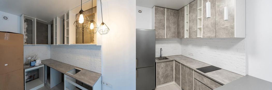Room with unfinished walls and a room after repair. Before and after renovation in new housing. High quality photo