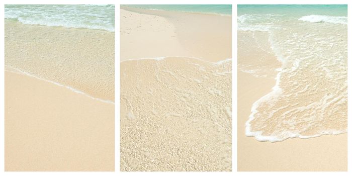 Beatiful sea coast view collage with sand, ocean and sky. Idellyc paradise place pictures set