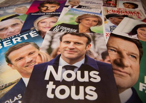 France, Paris, April 2022, The Twelve Professions of Faith for the 2022 presidential campaign in France, High quality photo