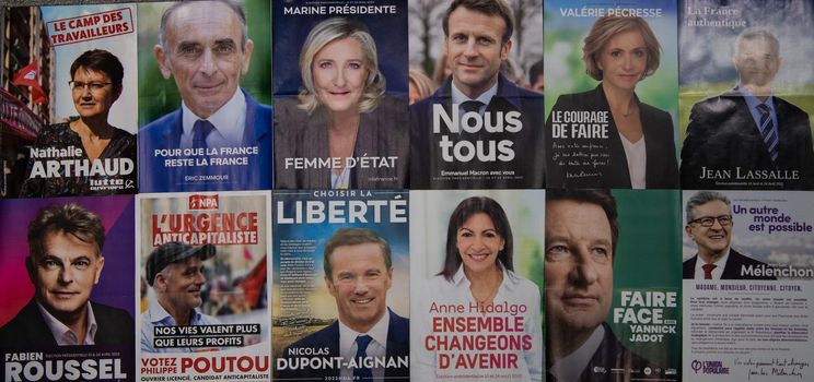 France, Paris, April 2022, The Twelve Professions of Faith for the 2022 presidential campaign in France, High quality photo