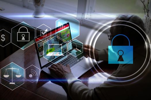 Digital cybersecurity and network protection concept. Virtual locking mechanism to access shared resources. Interactive virtual control screen with padlock. laptop on background.