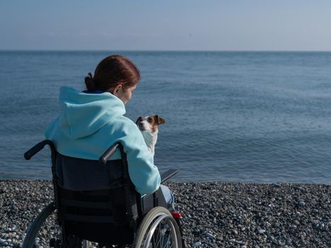 Caucasian woman in a wheelchair cuddling with a dog near the sea