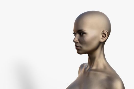 3D render portrait of a bald caucasian woman on a white background