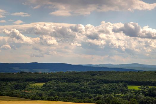 Green valley nature landscape with cloudy sky