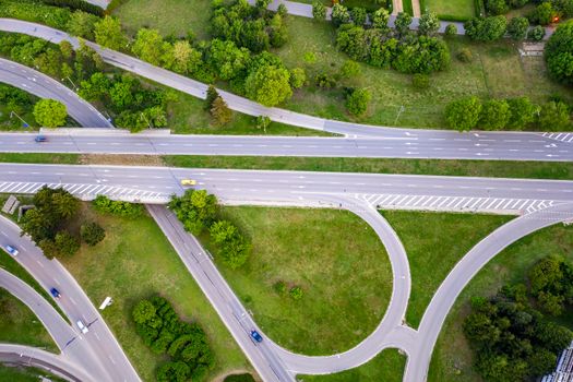 Aerial view from drone of a part of a road junction. Transportation and infrastructure concept