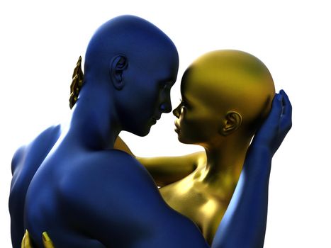 3D render portrait of golden woman and blue man hugging