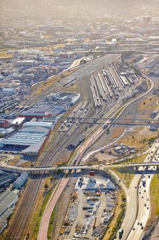 Aerial shot of a busy rail transportation hub.