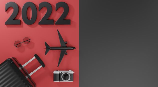 3d rendering. 2022 Traveling concept suitcase camera airplane and sunglasses on black and red background.