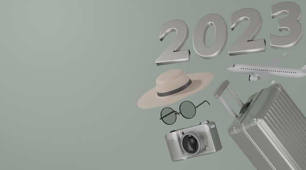 3d rendering. 2022 Traveling concept suitcase camera airplane hat and sunglasses on grey background.