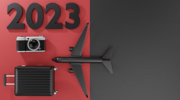 d rendering. 2023 Traveling concept suitcase camera airplane on black and red background.