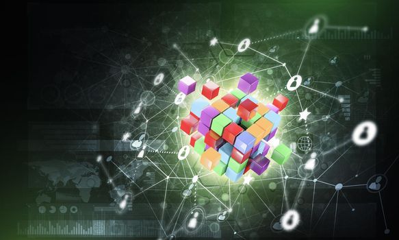 Conceptual background image with cube figure and social connection lines. 3d rendering