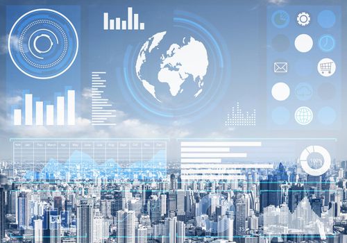 Double exposure business concept with abstract financial graphics on background of modern cityscape. Concept of trading and global financial markets. Digital economy, analytics and statistics.