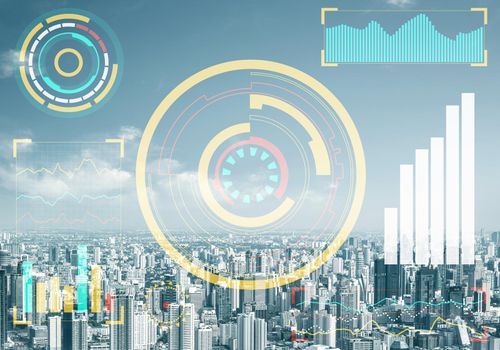 Double exposure business concept with abstract stock market data on background of modern cityscape. Virtual interface of online trading platform. Digital economic indexes, analytics and statistics.