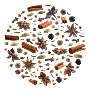 Large collection of seasonings and spices on a white background.
