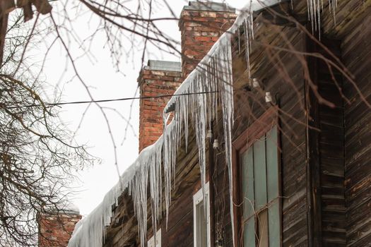 Dangerous transparent icicles hang on the edge of the roof. Against the background of the wooden wall of the old house. Large cascades, even beautiful rows. Cloudy winter day, soft light.