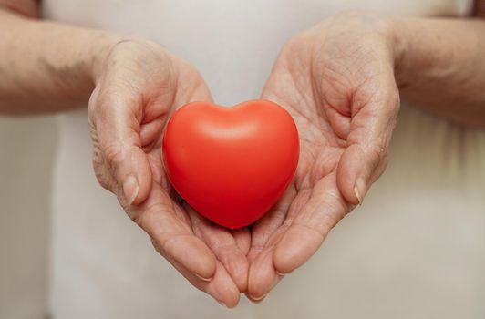 Grandmother woman hands holding red heart, healthcare, love, organ donation, mindfulness, wellbeing, family insurance and CSR concept, world heart day, world health day, national organ donor day.