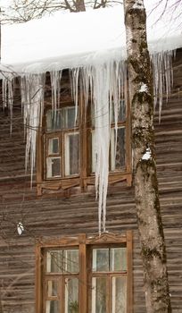 Fabulous transparent icicles hang on the edge of the roof. Against the background of the wooden wall of the old house. Large cascades, even beautiful rows. Cloudy winter day, soft light.