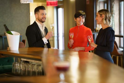 Group of friends in elegant clothes toasting with glasses of champagne while celebrating holiday together in luxury bar