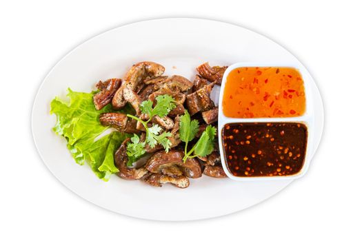 Pig's intestines grilled with sauce thai style food in dish on white background