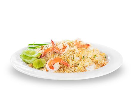 Fried rice with shrimp in white plate on white background