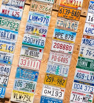 KANAB, UTAH, USA - MAY 25, 2015: License Plates Collage in public place in Kanab Utah USA
