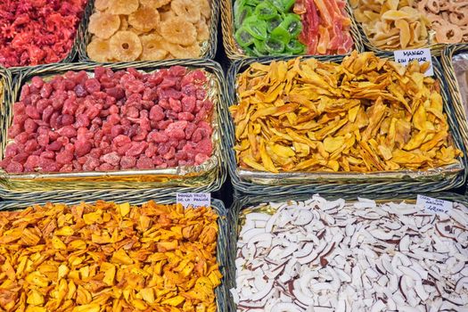 A variety of dried fruits at the Boqueria market in Barcelona