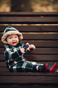 Portrait of cute baby in checked green, blue and black overall with hood sitting on the ground covered with bright dry foliage on autumn day. Fair haired baby in overall on vivid colorful leaves in the autumnal park or forest.