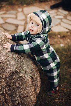 Portrait of cute baby in checked green, blue and black overall with hood sitting on the ground covered with bright dry foliage on autumn day. Fair haired baby in overall on vivid colorful leaves in the autumnal park or forest.