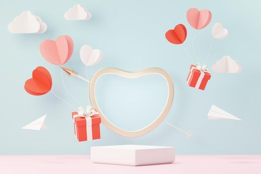 3d render minimal sweet scene with display podium for mock up and product brand presentation. Pink Pedestal stand for Valentine's Day's theme. Cute lovely heart background. Love day's design style.