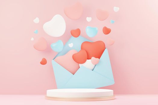 3d render minimal sweet scene with display podium for mock up and product brand presentation. Pink Pedestal stand for Valentine's Day's theme. Cute lovely heart background. Love day's design style.