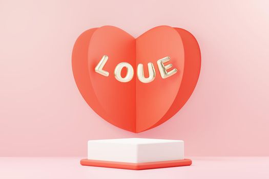 3d render minimal sweet scene with display podium for mock up and product brand presentation. Pink Pedestal stand for Valentine's Day's theme. Cute lovely heart background. Love day's design style.