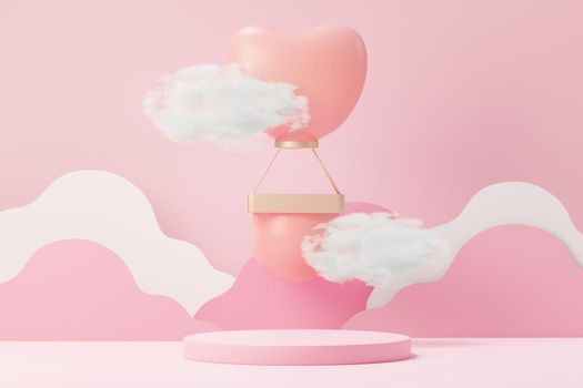 3d render minimal sweet scene with display podium for mock up and product brand presentation. Pink Pedestal stand for Valentine's Day's theme. Cute lovely heart background. Love day's design style.