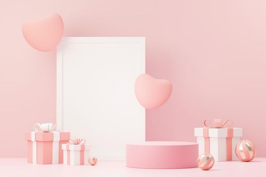 3d render minimal sweet scene with display podium for mock up and product brand presentation. Pink Pedestal stand for Valentine's Day's theme. Cute lovely heart background. Love day's design style.