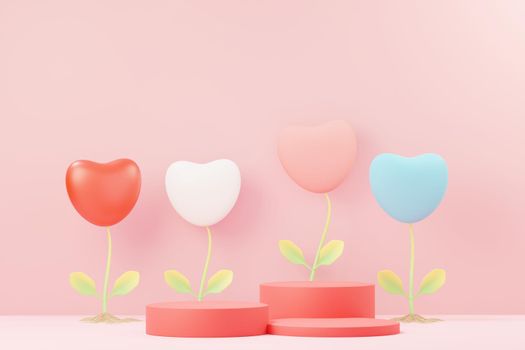 3d render minimal sweet scene with display podium for mock up and product brand presentation. Pink Pedestal stand for Valentine's Day's theme. Cute lovely heart background. Love day's design style.