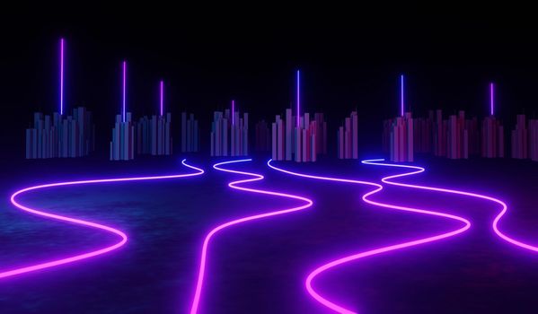 3d render of RGB neon light on darkness background. Abstract Laser lines show at night. Ultraviolet spectrum beam scene for mock up and web banner.