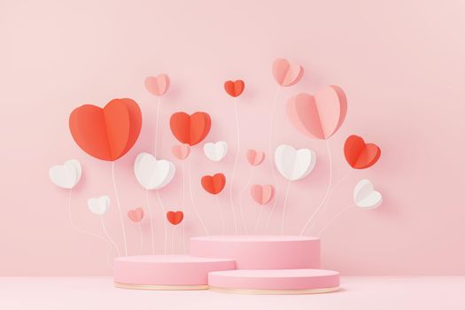 3d render minimal sweet scene with display podium for mock up and product brand presentation. Pink Pedestal stand for Valentine's Day's theme. Cute lovely heart background. Love day's design style.