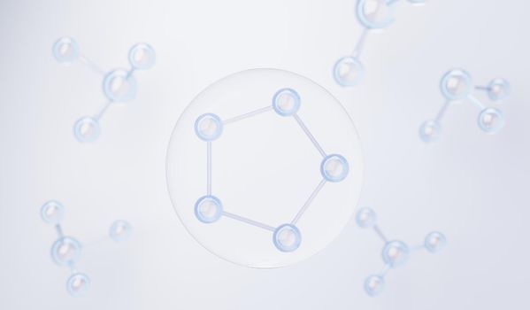 3d render of simple chemical bond in side cell or molecules. The associated of atoms, ions, bond and molecules. Liquid drop bubble background. Covalent bond. Biochemical interaction.