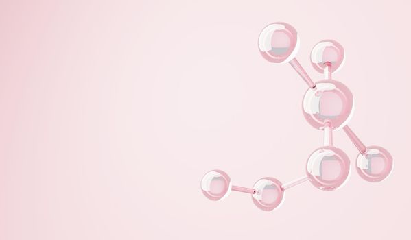 3d render of simple chemical bond in side cell or molecules. The associated of atoms, ions, bond and molecules. Liquid drop bubble background. Covalent bond. Biochemical interaction.