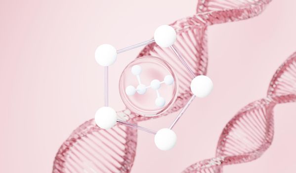 3d render of simple chemical bond in side cell or molecules. The associated of atoms, ions, bond and molecules. Liquid drop bubble background. Covalent bond. Biochemical interaction.