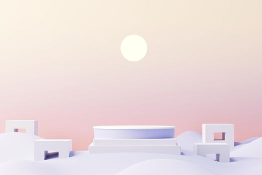 3d render of Beauty podium with Very Peri color of the year 2022 design for product presentation and advertising. Minimal pastel sky and Dreamy land scene. Romance concept.