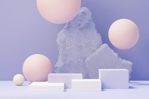 3d render of Beauty podium with Very Peri color of the year 2022 design for product presentation and advertising. Minimal pastel sky and Dreamy land scene. Romance concept.