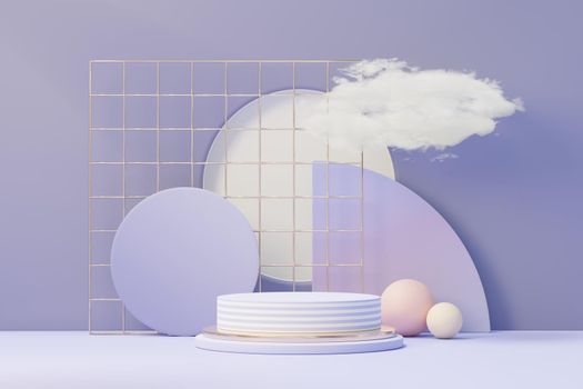 3d render of Beauty podium with Very Peri color of the year 2022 design for product presentation and advertising. Minimal pastel sky and Dreamy land scene. Romance concept.